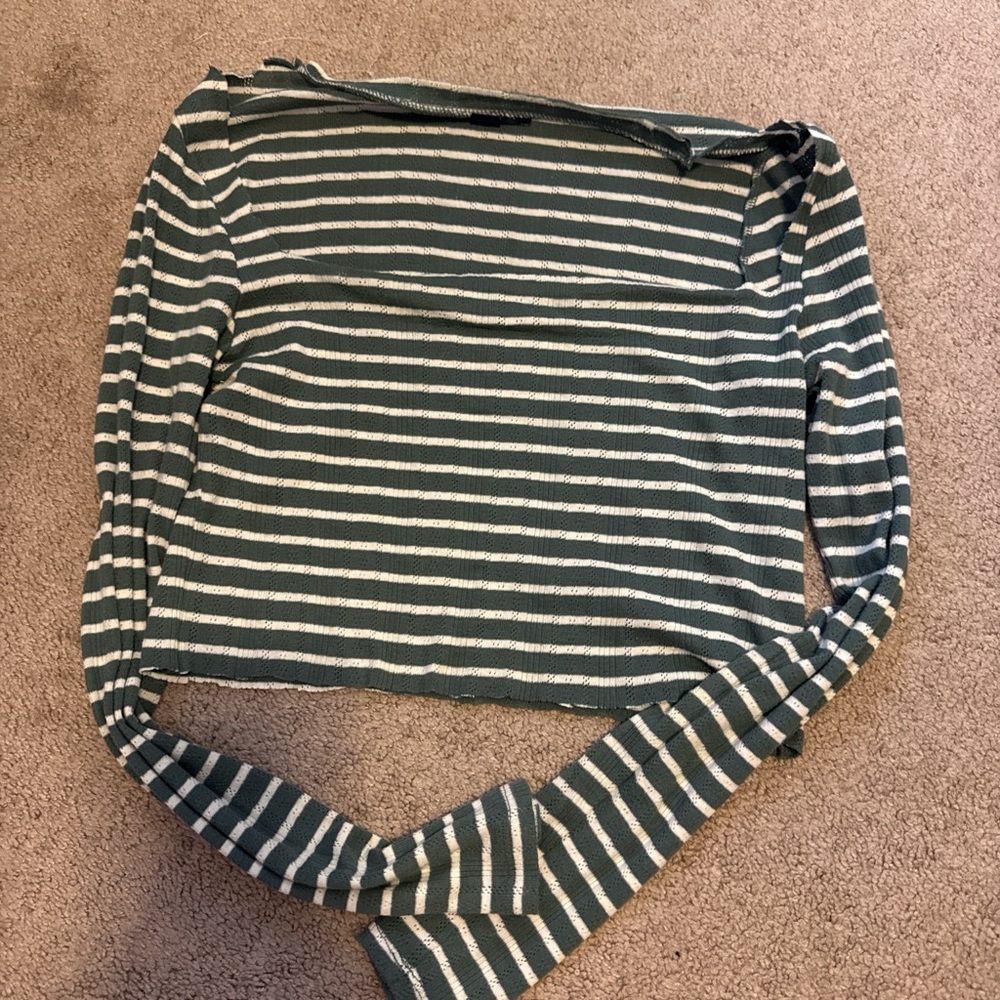 Aeropostale Green and White Striped Long Sleeve Crop Top